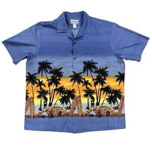 VTG Mens Bishop St Hawaiian Shirt Button Up Tropical Sunset Blue Size 2XL USA